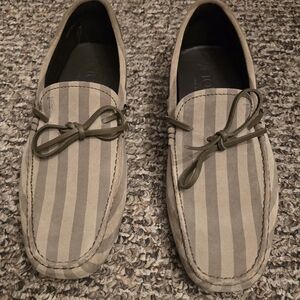 Tod's Taupe Striped Suede Driving Loafers